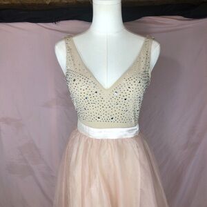 Prom Champagne Tulle Ball Pageant Gown with Sheer Embellished Bodice Size Small